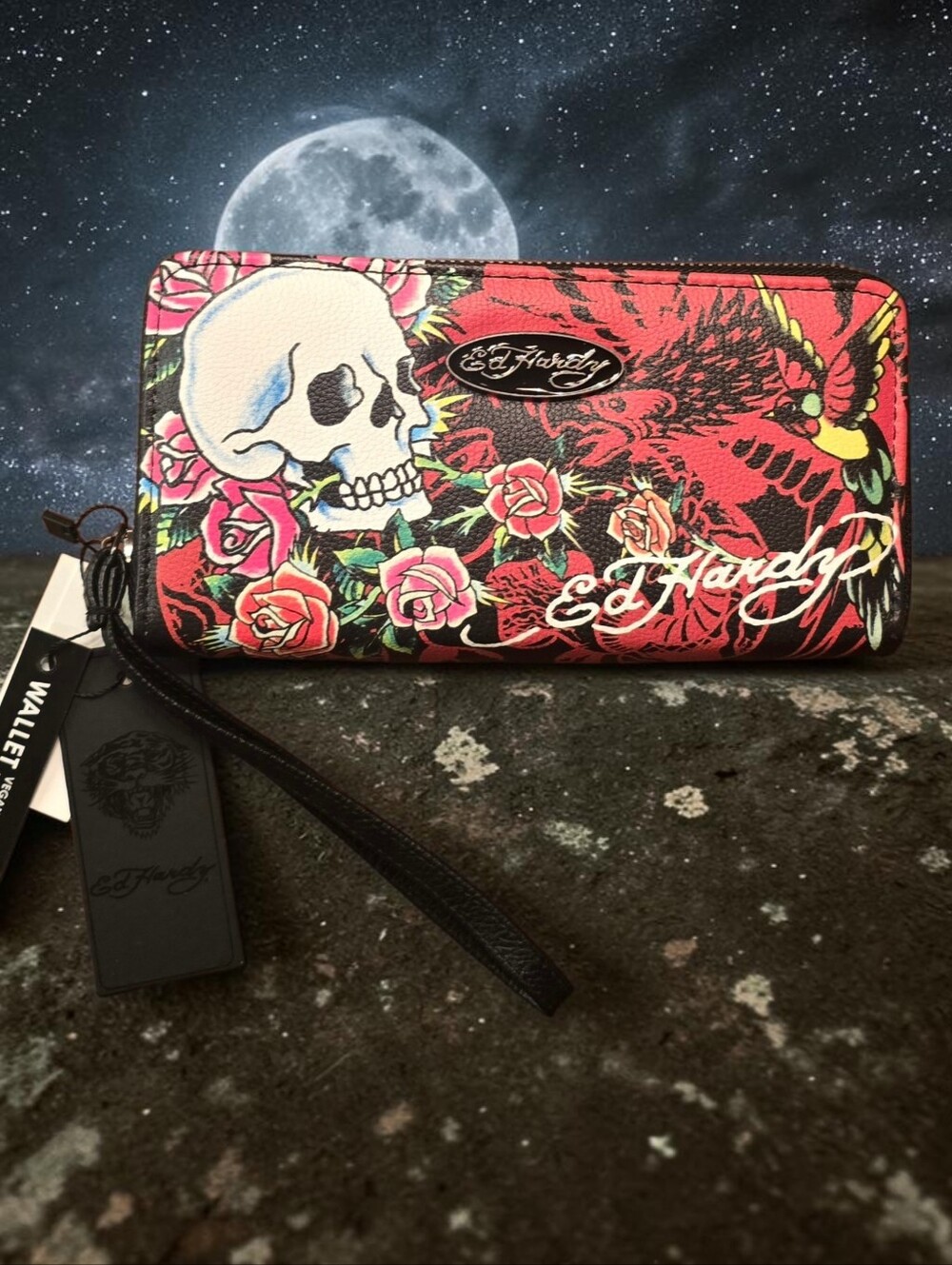 Ed Hardy Red Floral & Skull Zip Wallet - Women's Wristlet